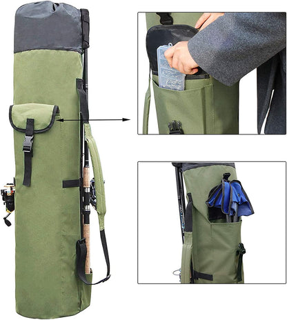 Multifunction Fishing Pole Bag - Waterproof Rod Reel Bag Carrier Case, Durable Canvas Tackle Large Storage Gift for Men Travel, Khaki