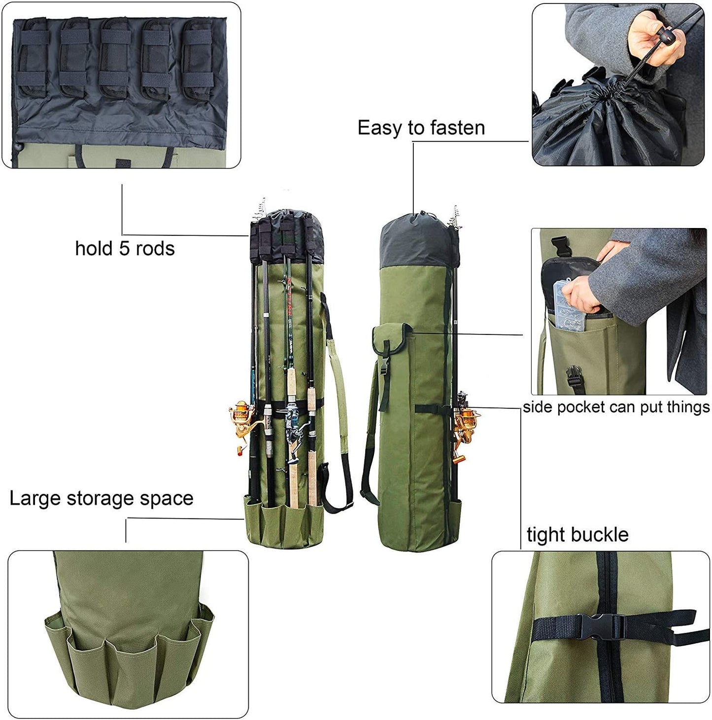 Multifunction Fishing Pole Bag - Waterproof Rod Reel Bag Carrier Case, Durable Canvas Tackle Large Storage Gift for Men Travel, Khaki