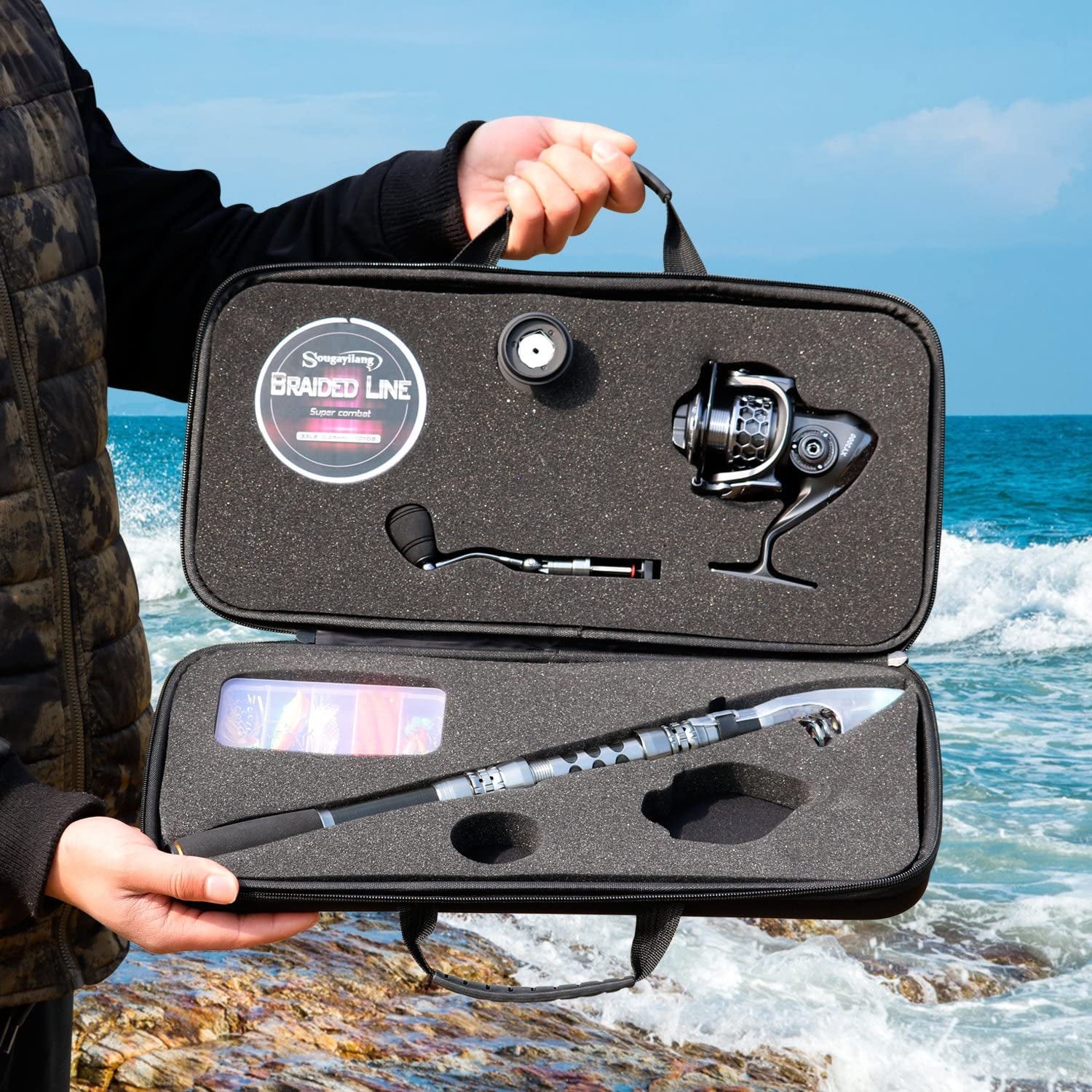 Fishing Rod Reel Combo with Telescopic Fishing Pole Spinning Reel Carrier Bag for Travel Saltwater Freshwater Fishing